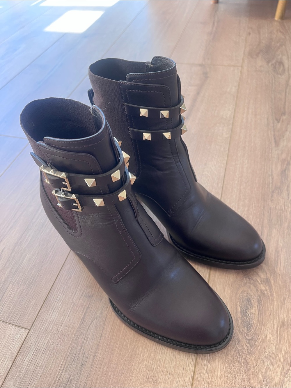 Valentino Dark Brown Leather Ankle Boots with Studded Straps